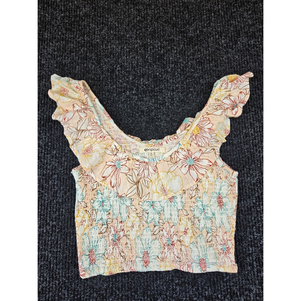 Rip Curl Womens XL Floral Smocked Ruffle Neck Crop Top‎ Peach Blue GSI0W7